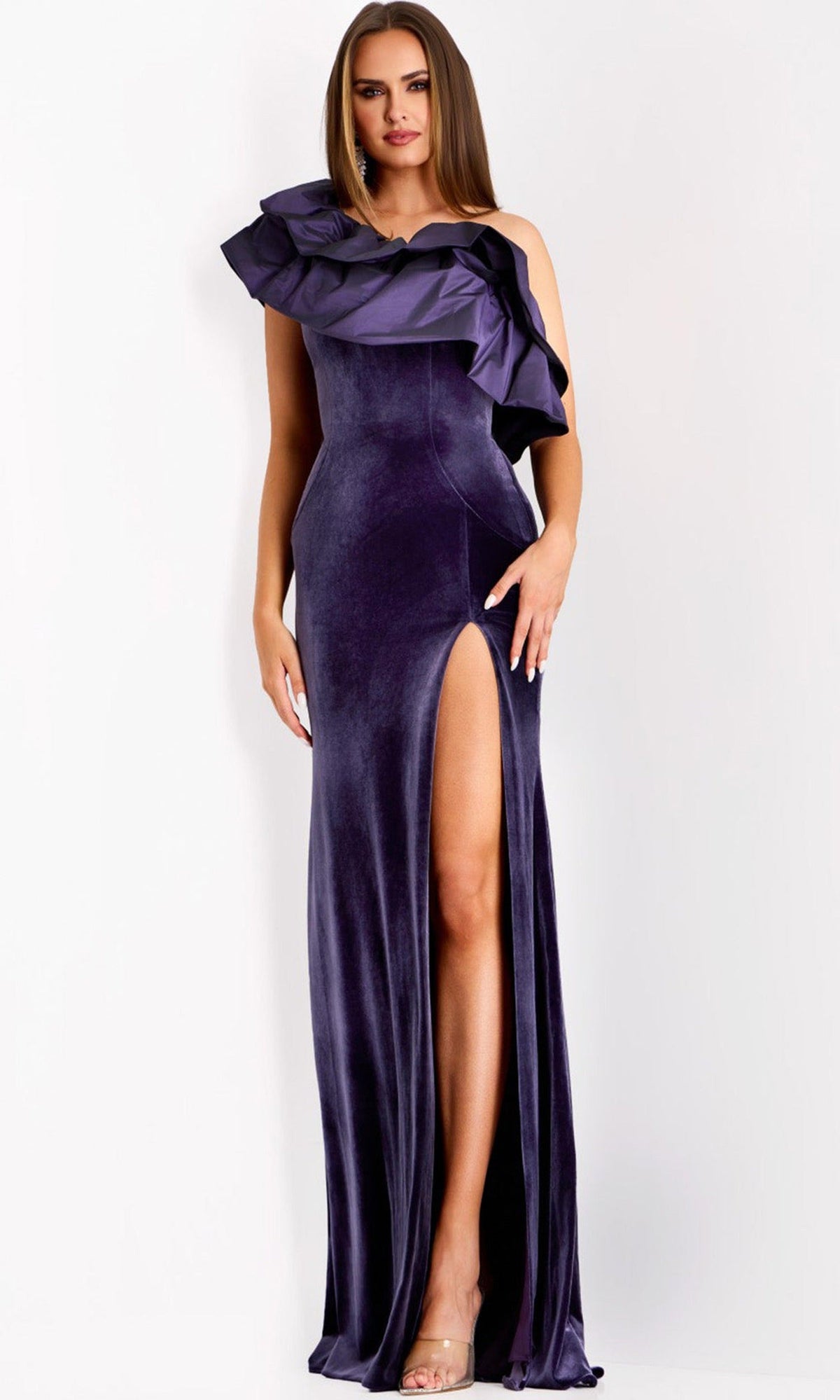 Jovani 39887 - Velvet Ruffle One Shoulder Gown