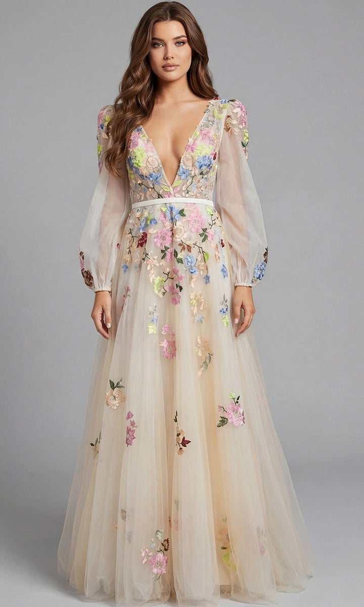 Jovani 40027 - Floral Embroidered A-Line Evening Gown - Nude/ Multi - Main