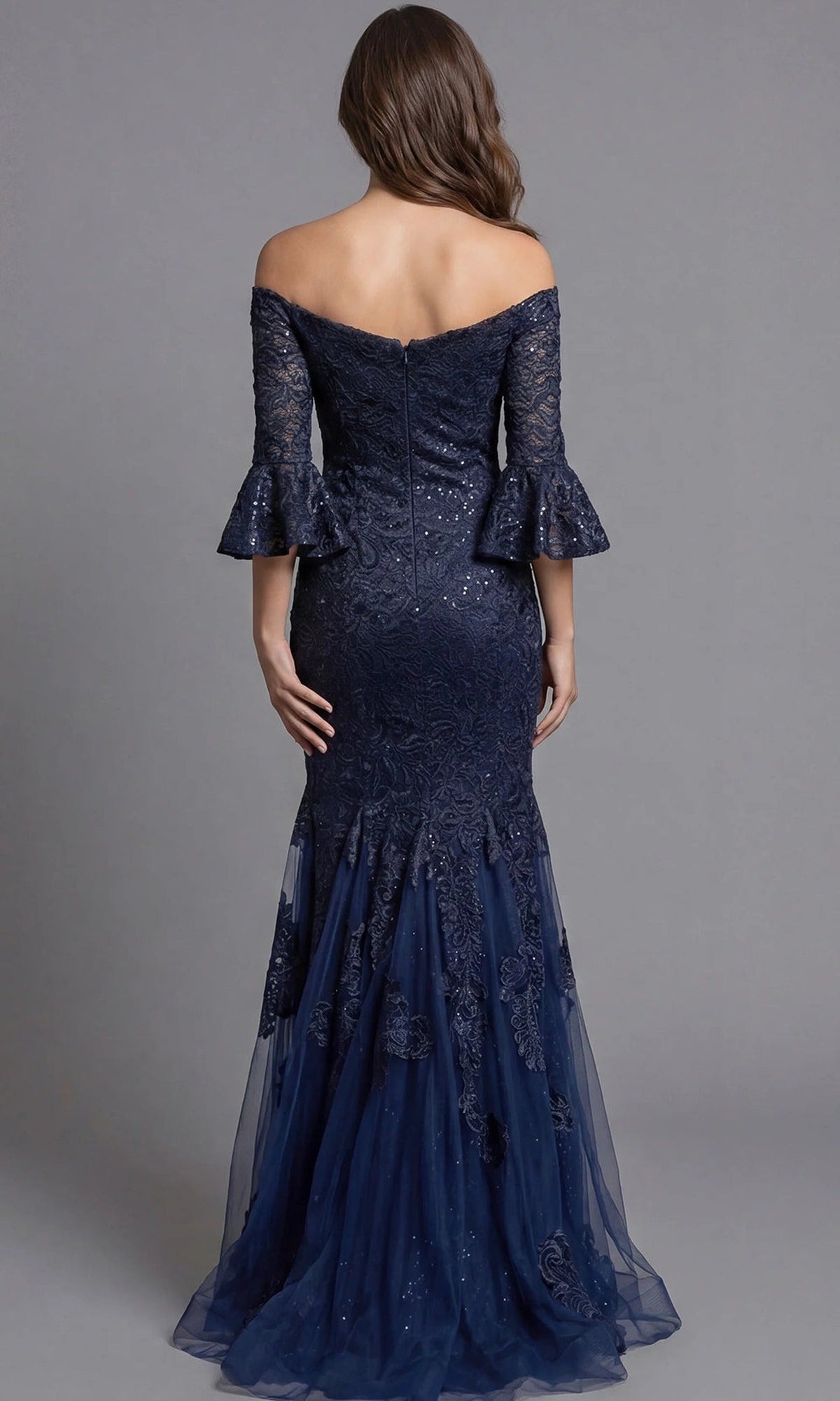 Jovani 40155 - Allover Lace Three-Quarter Bell Sleeve Gown