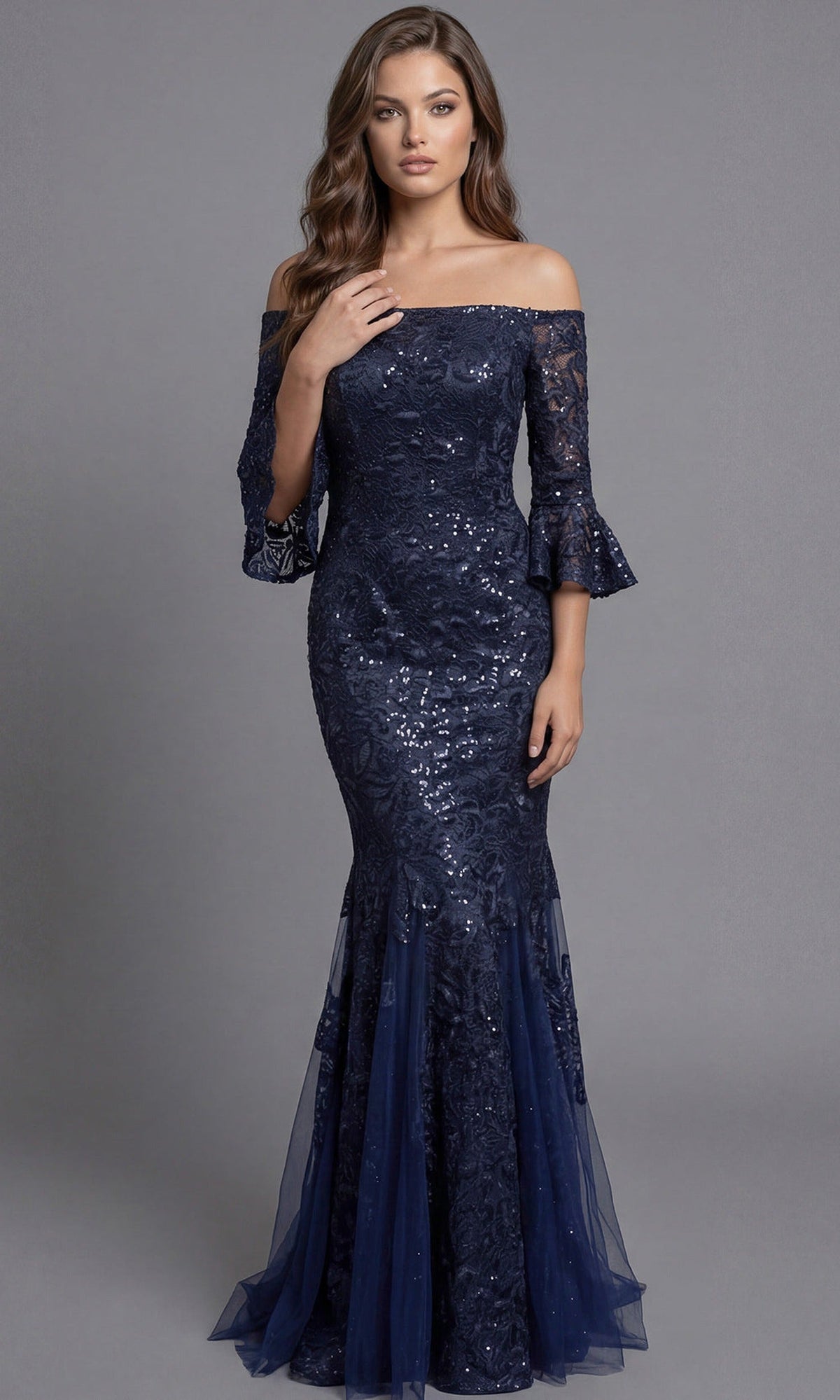 Jovani 40155 - Allover Lace Three-Quarter Bell Sleeve Gown