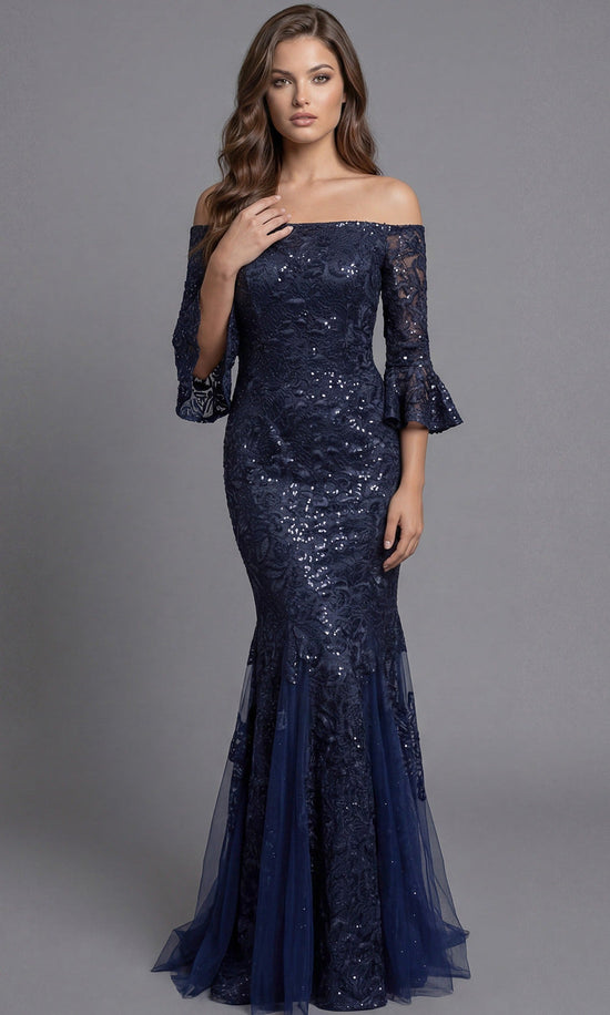 Jovani 40155 - Allover Lace Three-Quarter Bell Sleeve Gown