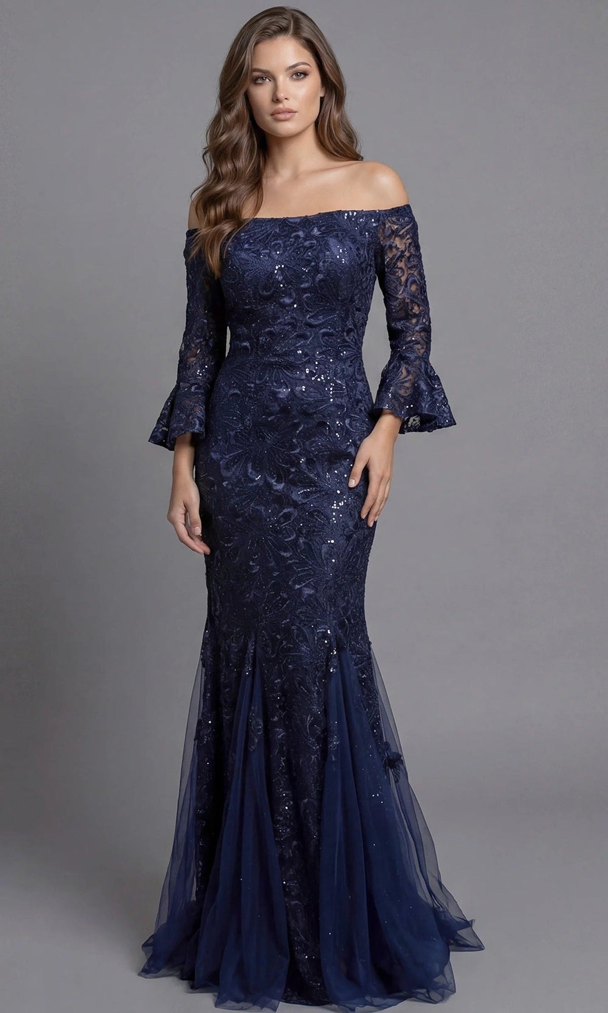 Jovani 40155 - Allover Lace Three-Quarter Bell Sleeve Gown - Navy - Main
