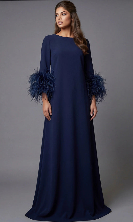 Jovani 40200 - Long Sleeve Feather Cuff Evening Gown - Navy - Main