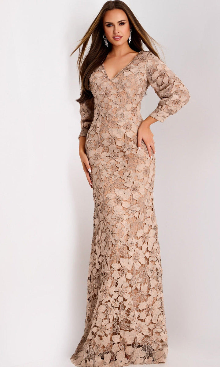 Jovani 40210 - Floral Lace Long Sleeve Evening Gown - Beige - Main