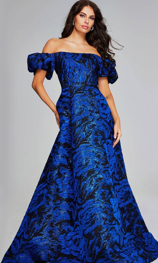 Jovani 40315 - Off-Shoulder Puff Sleeve Prom Gown - Royal/ Black - Main