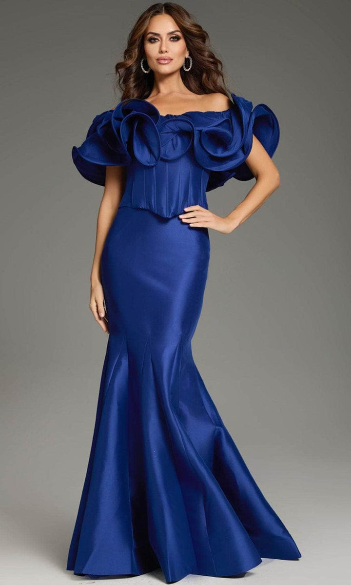Jovani 40324 - Ruffled Detail Off-Shoulder Prom Gown - Navy - Main