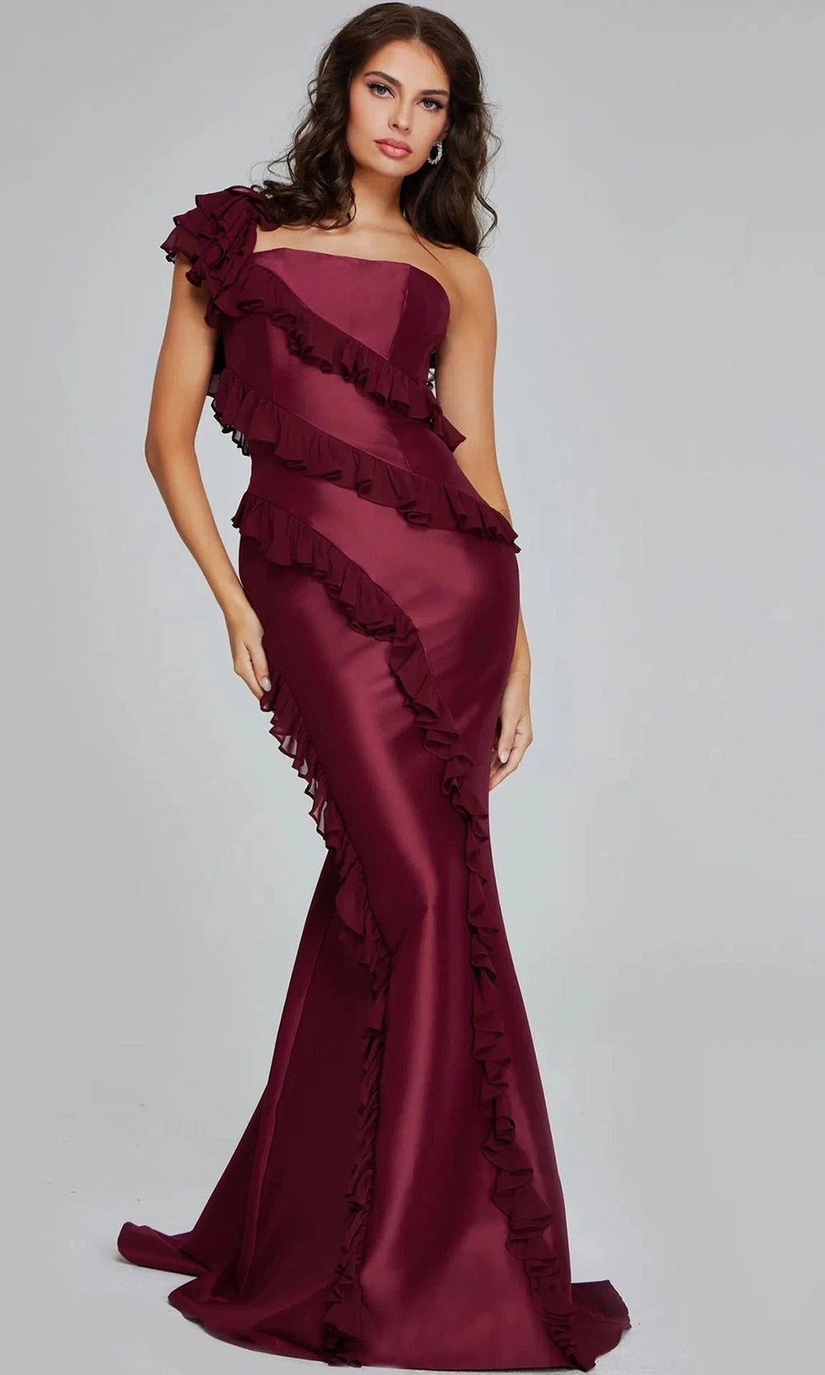 Jovani 40751 - One Shoulder Ruffle Trim Mermaid Gown - Burgundy - Main