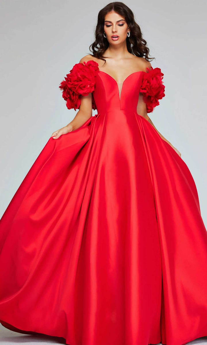 Jovani 40794 - Rosette Plunging Ballgown - Red - Main