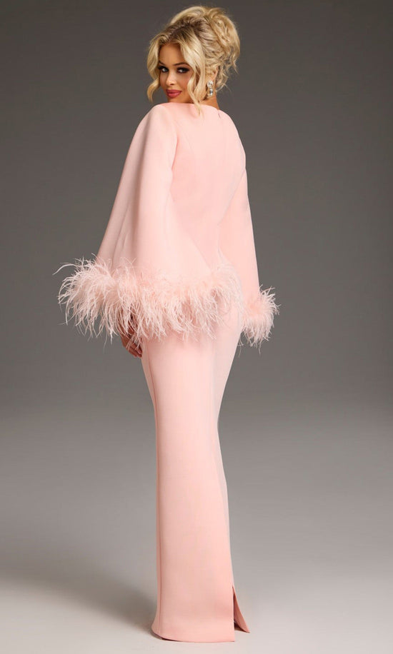 Jovani 41077 - Bell Sleeve Column Gown with Feather Trim