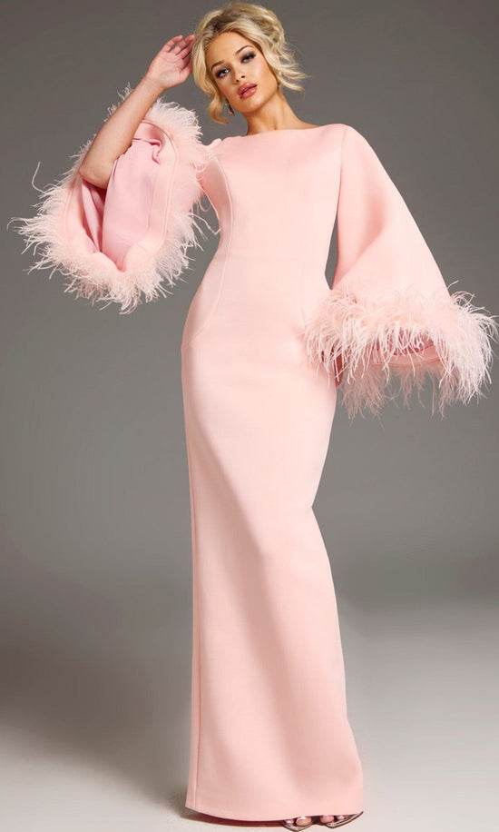 Jovani 41077 - Bell Sleeve Column Gown with Feather Trim