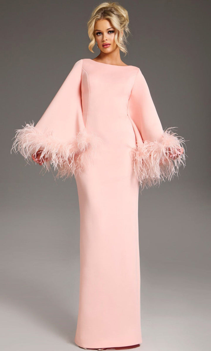 Jovani 41077 - Bell Sleeve Column Gown with Feather Trim - Blush - Main