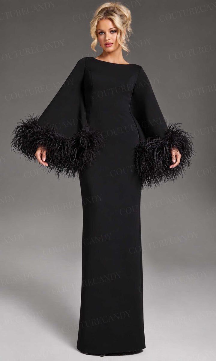 Jovani 41077 - Bell Sleeve Column Gown with Feather Trim