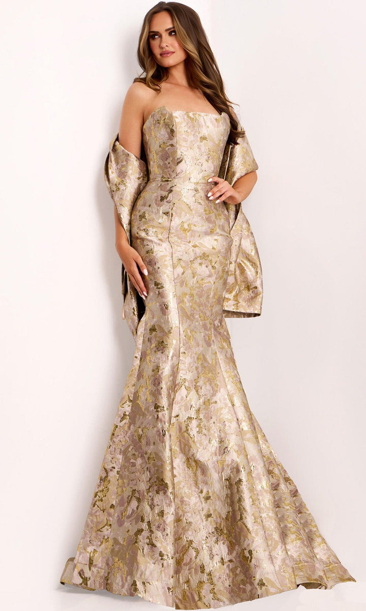 Jovani 41131 - Strapless Mermaid Gown with Bow Back - Taupe/Gold - Main