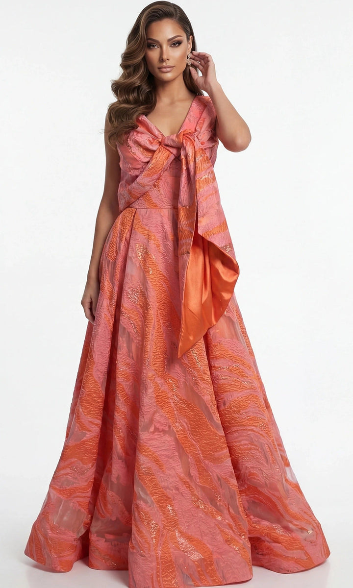 Jovani 41136 - Metallic Jacquard Wide Strap A-Line Gown - Coral - Main