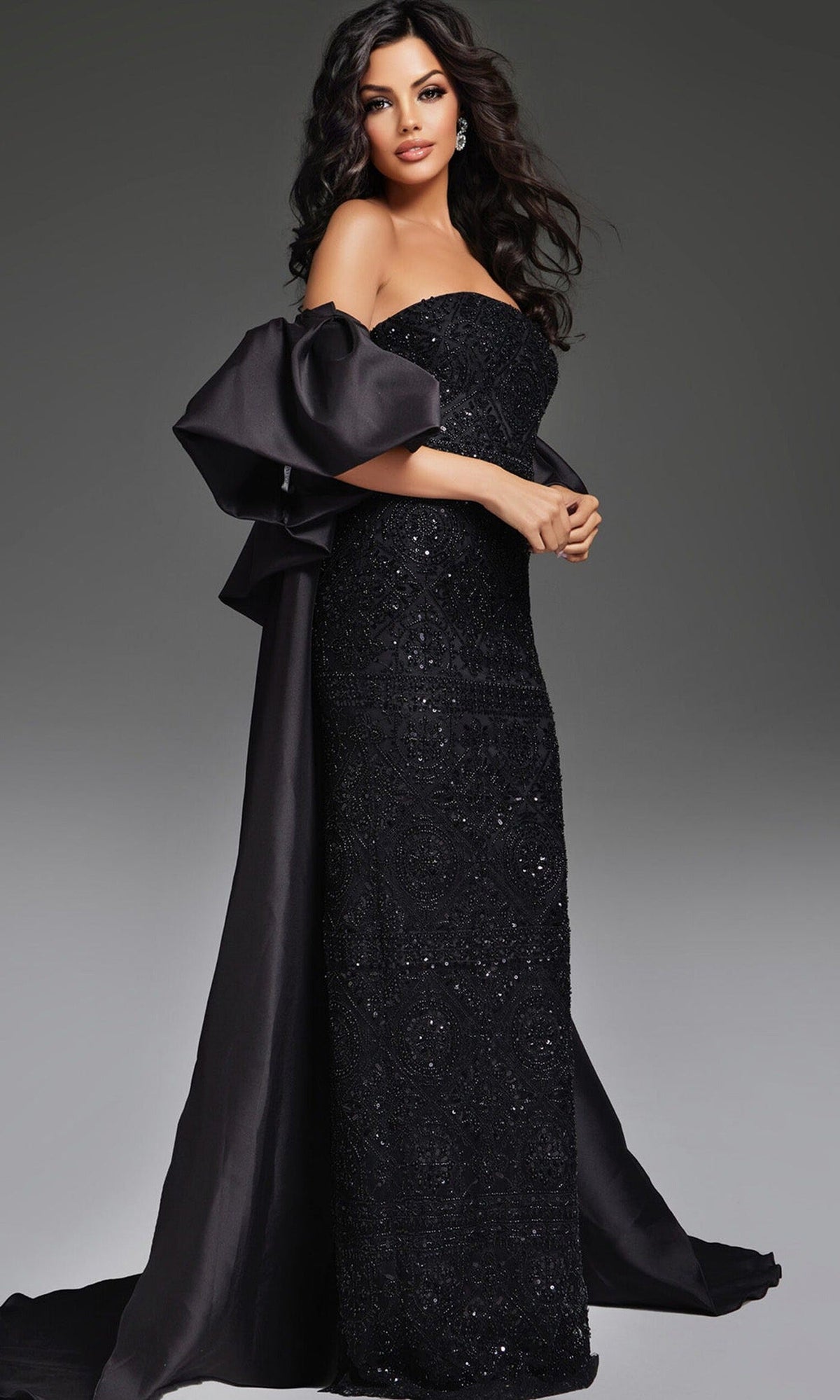 Jovani 42137 - Detachable Cape Beaded Sheath Gown