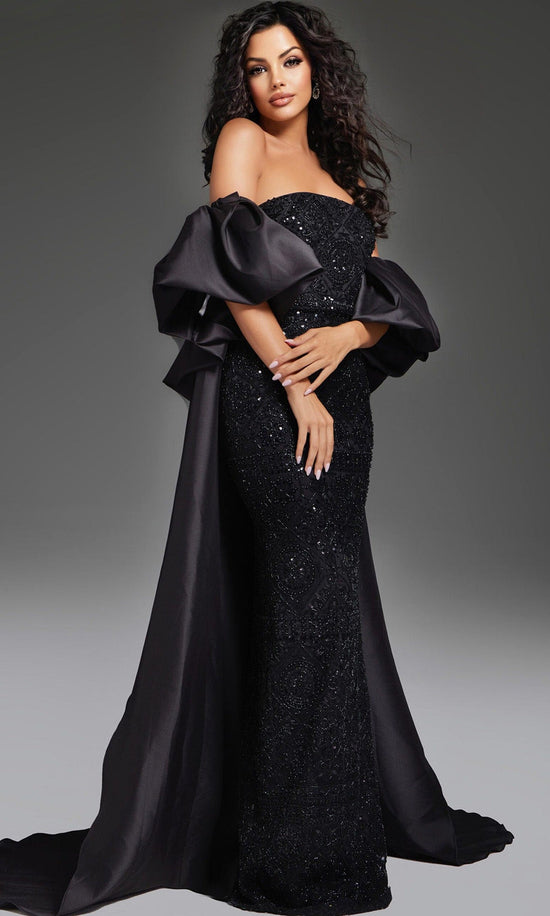 Jovani 42137 - Detachable Cape Beaded Sheath Gown