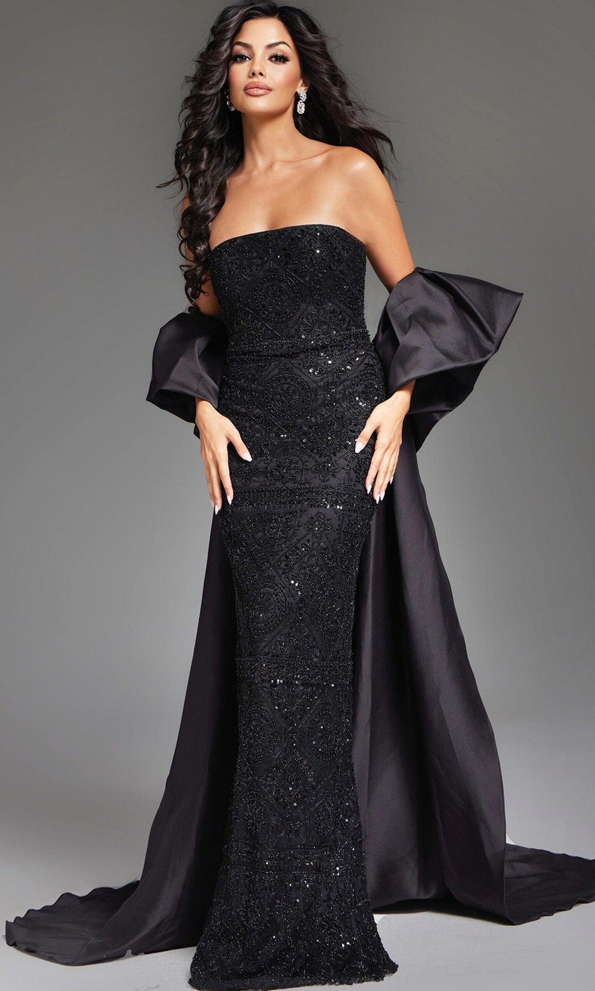 Jovani 42137 - Detachable Cape Beaded Sheath Gown - Black - Main