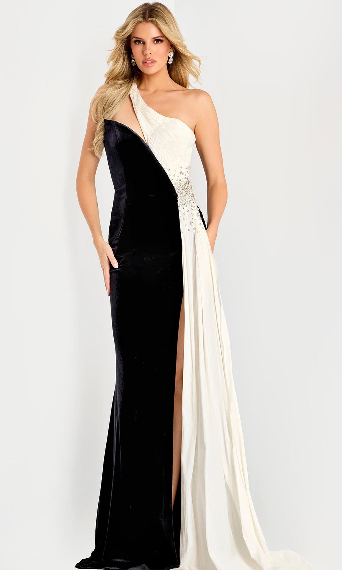 Jovani 42140 - One Shoulder Color Block Evening Gown - Black/White - Main