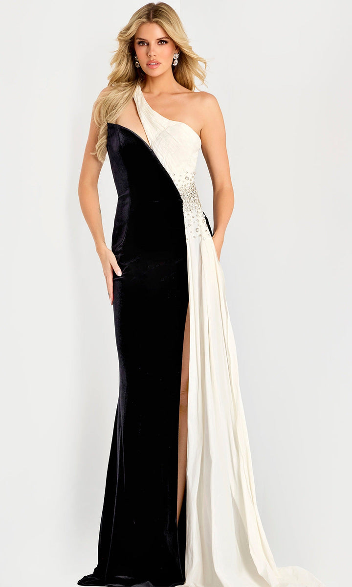 Jovani 42140 - One Shoulder Color Block Evening Gown - Black/White - Main