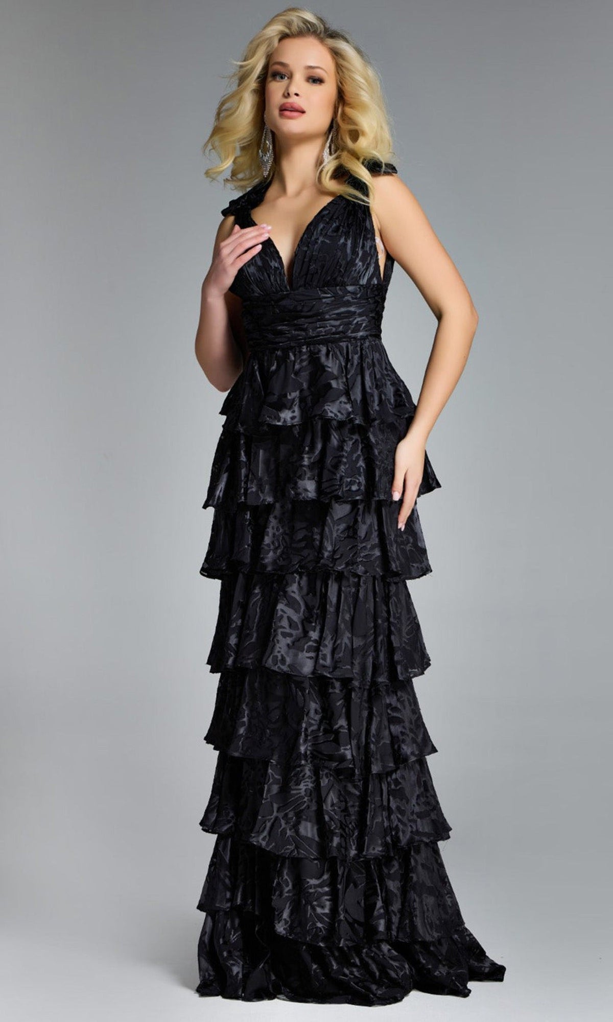 Jovani 42380 - Tiered Ruffle Deep V-Neck Evening Gown