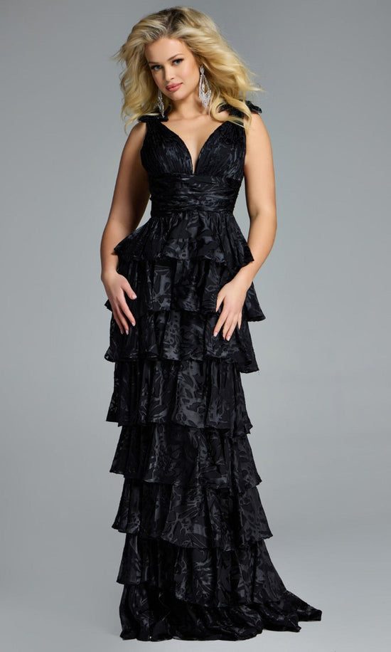 Jovani 42380 - Tiered Ruffle Deep V-Neck Evening Gown - Black - Main