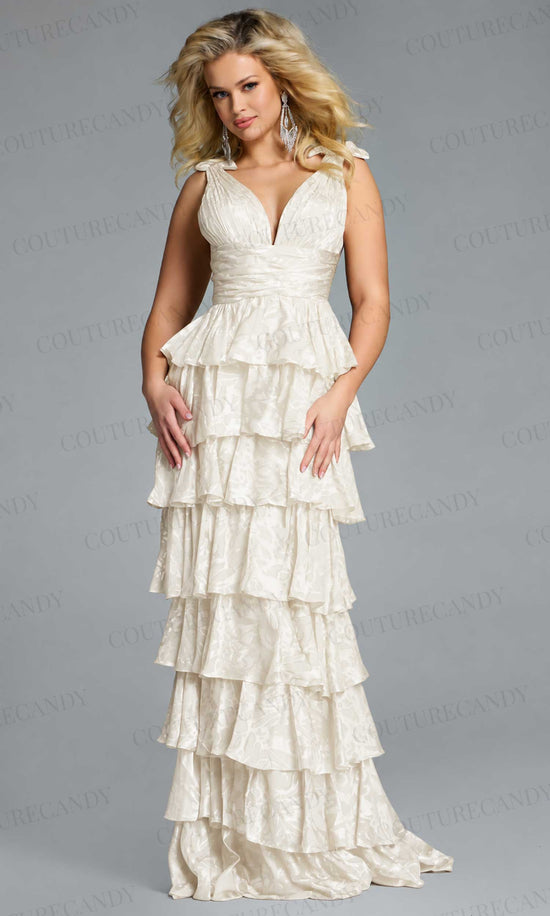 Jovani 42380 - Tiered Ruffle Deep V-Neck Evening Gown