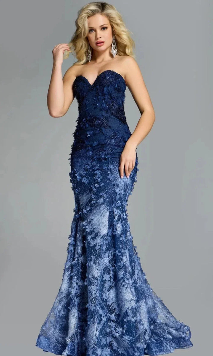 Jovani 42740 - Strapless Lace Mermaid Gown with Appliques - Denim - Main