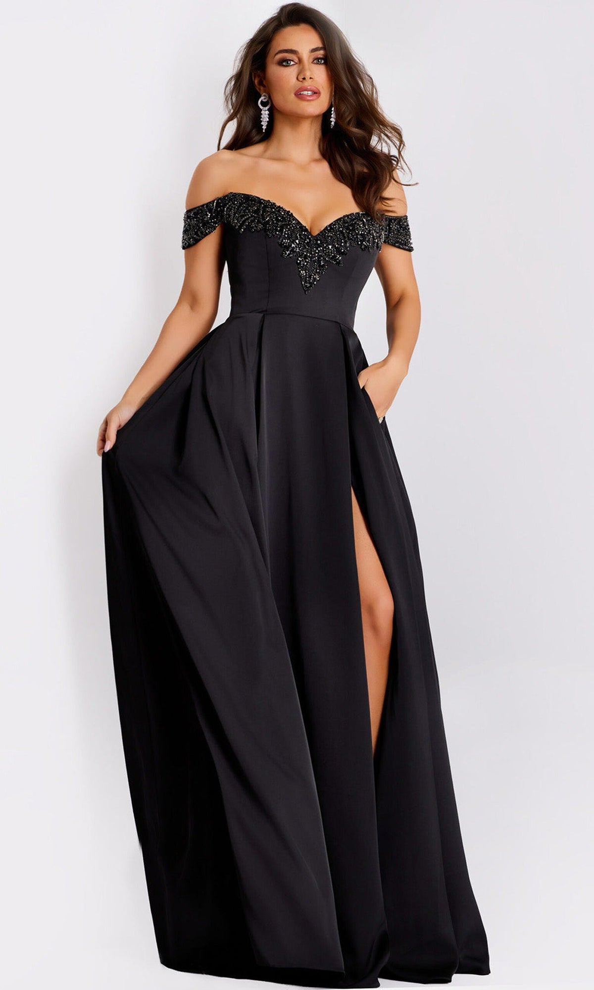 Jovani 42849 - Satin Off Shoulder Pleated A-Line Gown