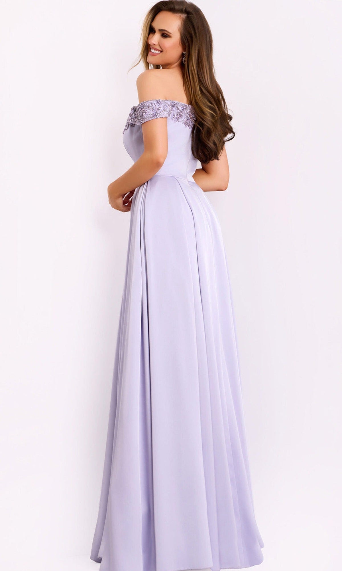Jovani 42849 - Satin Off Shoulder Pleated A-Line Gown