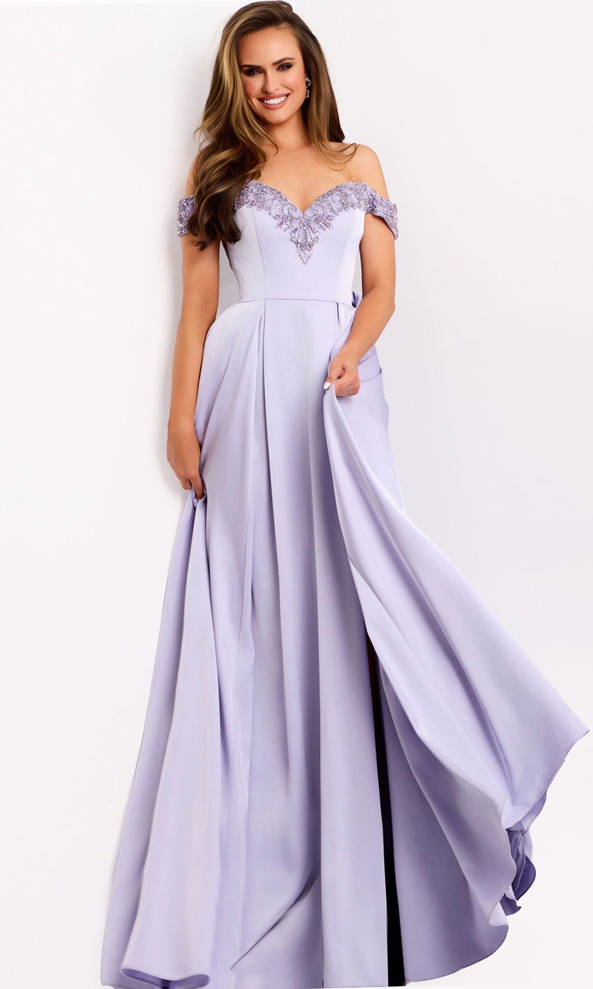 Jovani 42849 - Satin Off Shoulder Pleated A-Line Gown