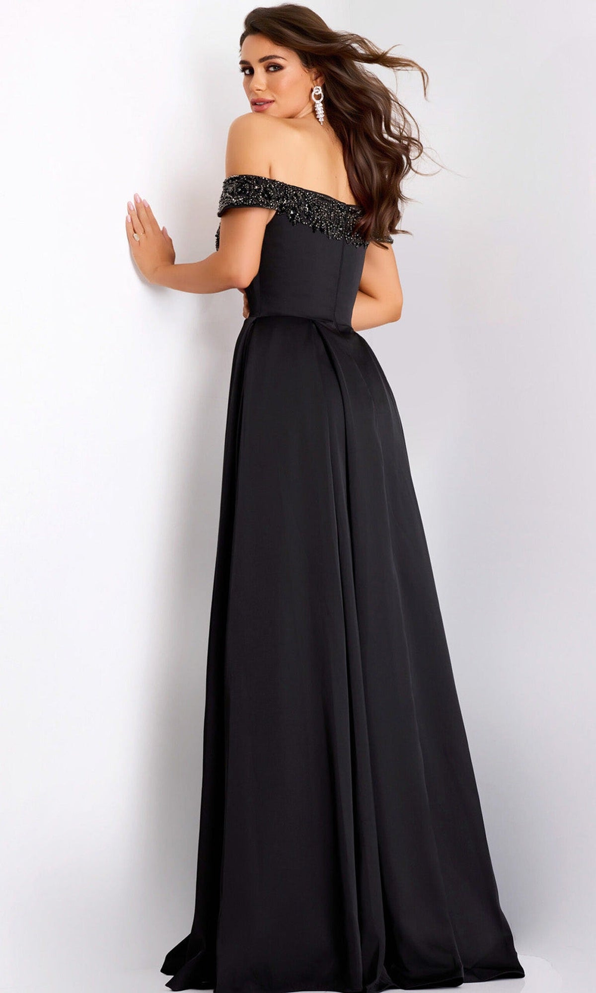 Jovani 42849 - Satin Off Shoulder Pleated A-Line Gown