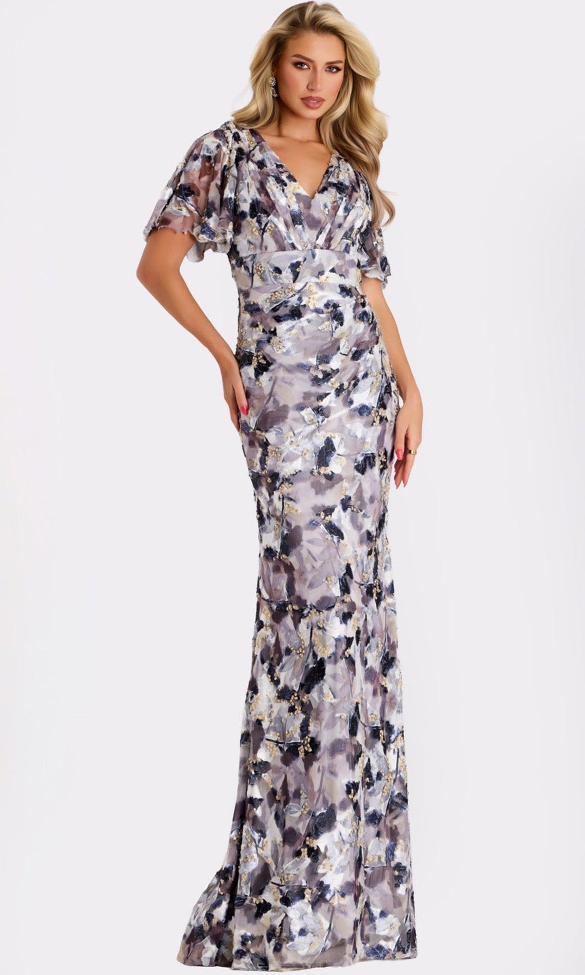 Jovani 43046 - Printed Chiffon Flutter Sleeve Evening Gown