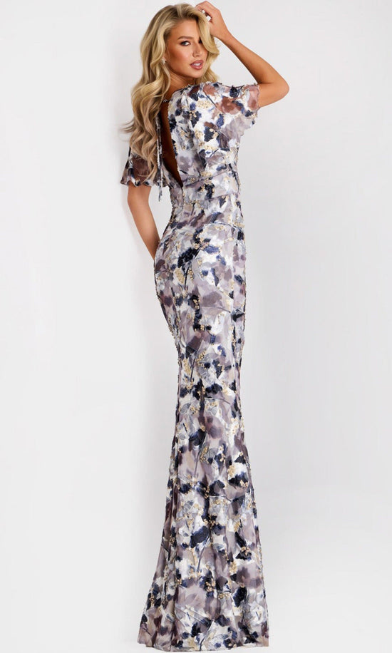Jovani 43046 - Printed Chiffon Flutter Sleeve Evening Gown