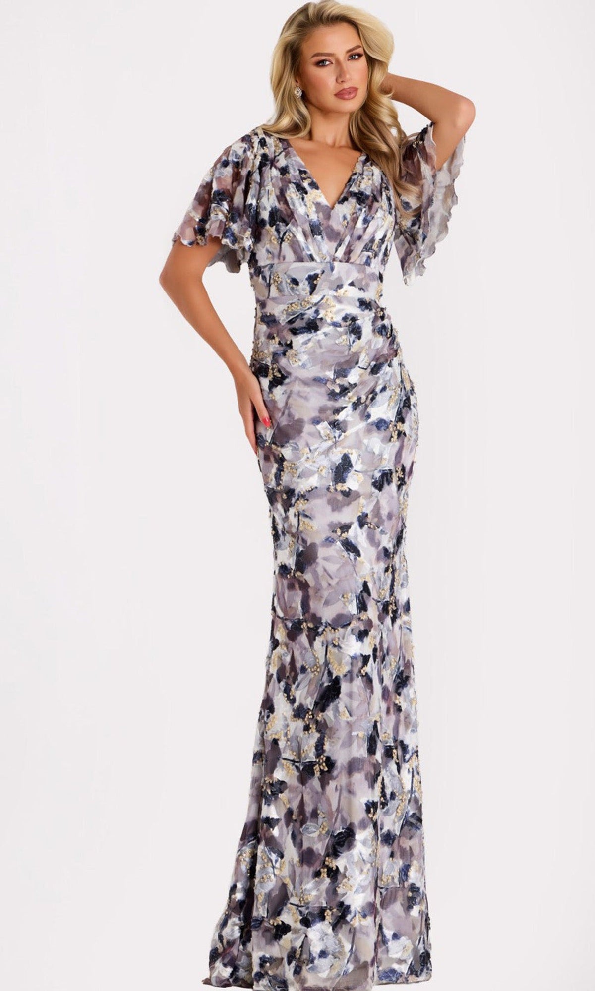 Jovani 43046 - Printed Chiffon Flutter Sleeve Evening Gown - Grey Multi - Main