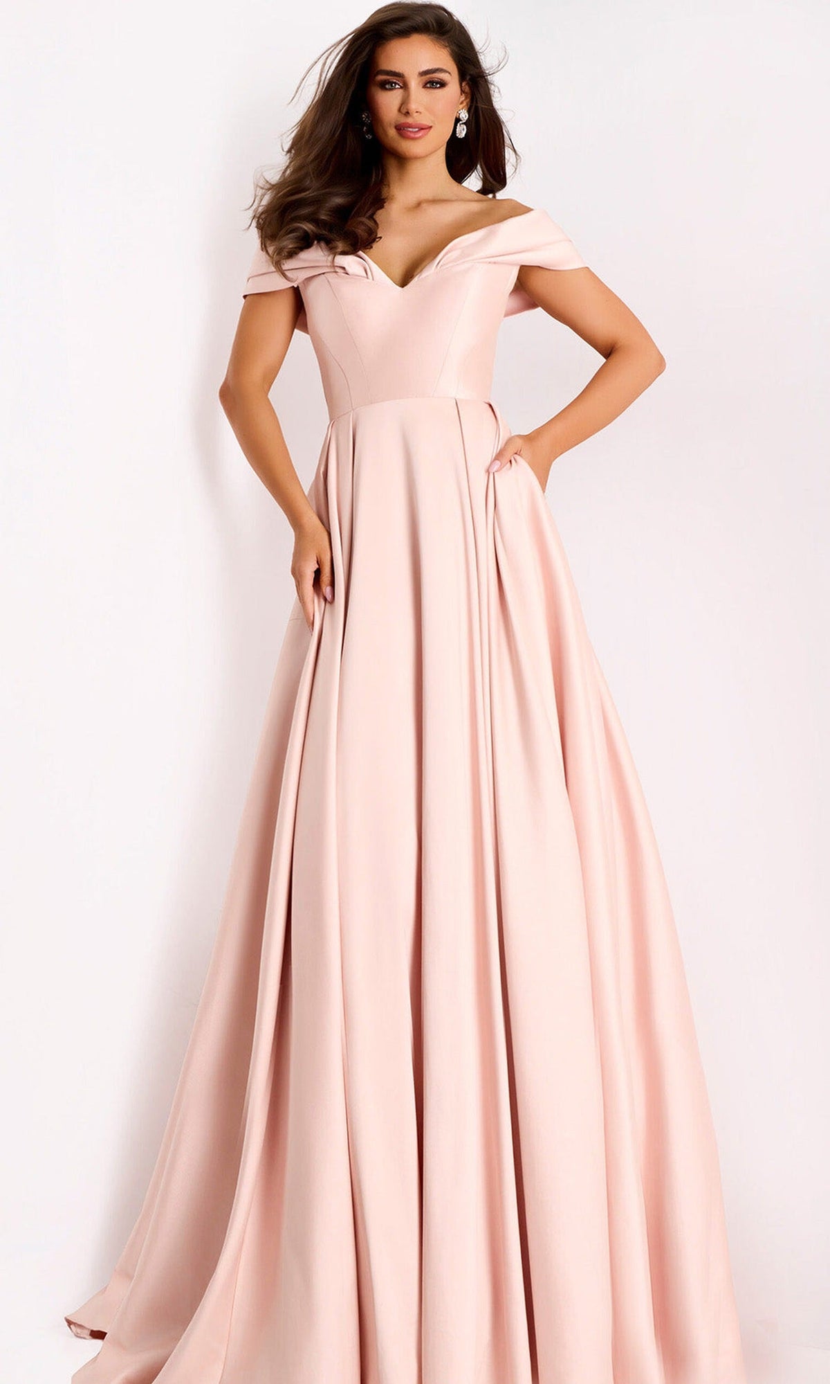 Jovani 43279 - Satin Off Shoulder A-Line Evening Gown - Blush - Main