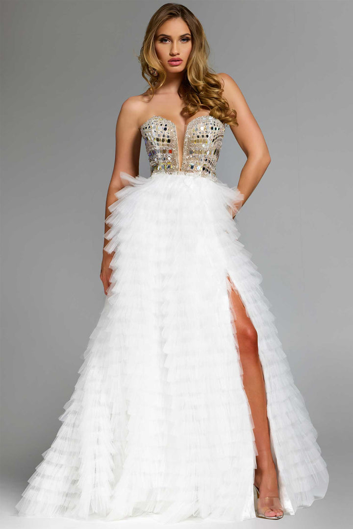 Jovani 43412 - Embellished Corset Layered Tulle Ballgown - Off-White - Main