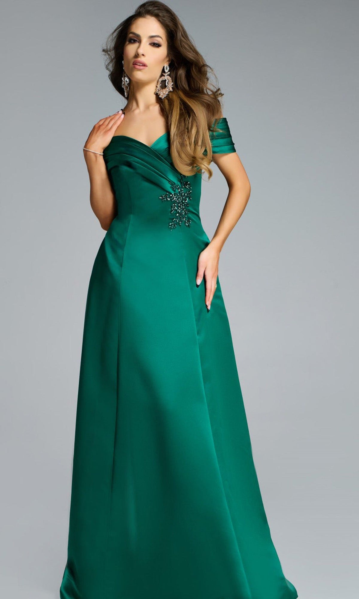 Jovani 43808 - Embellished Off Shoulder A-Line Gown - Dark Green - Main