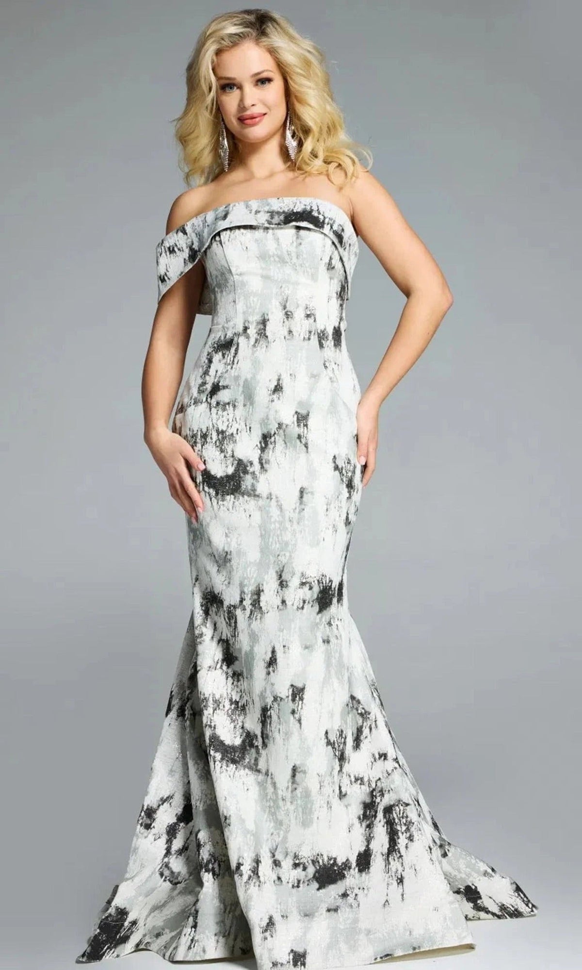 Jovani 43977 - Textured Off-Shoulder Flared Gown - Grey - Main