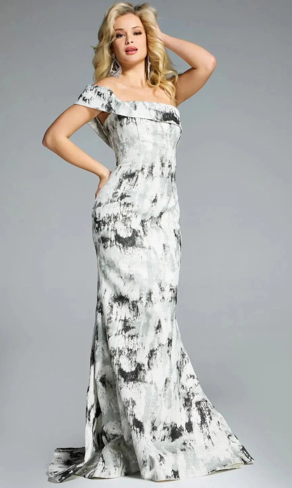Jovani 43977 - Textured Off-Shoulder Flared Gown