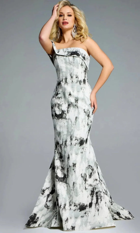 Jovani 43977 - Textured Off-Shoulder Flared Gown