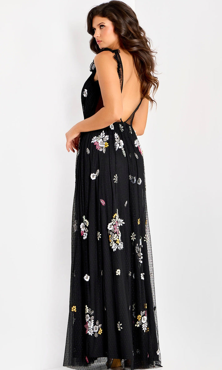 Jovani 44057 - Embroidered Floral Plunging Neck Gown