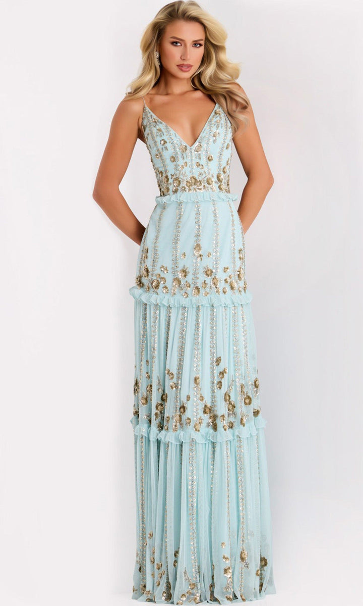 Jovani 44060 - Floral Sequin Tiered A-Line Evening Gown - Mint/Gold - Main