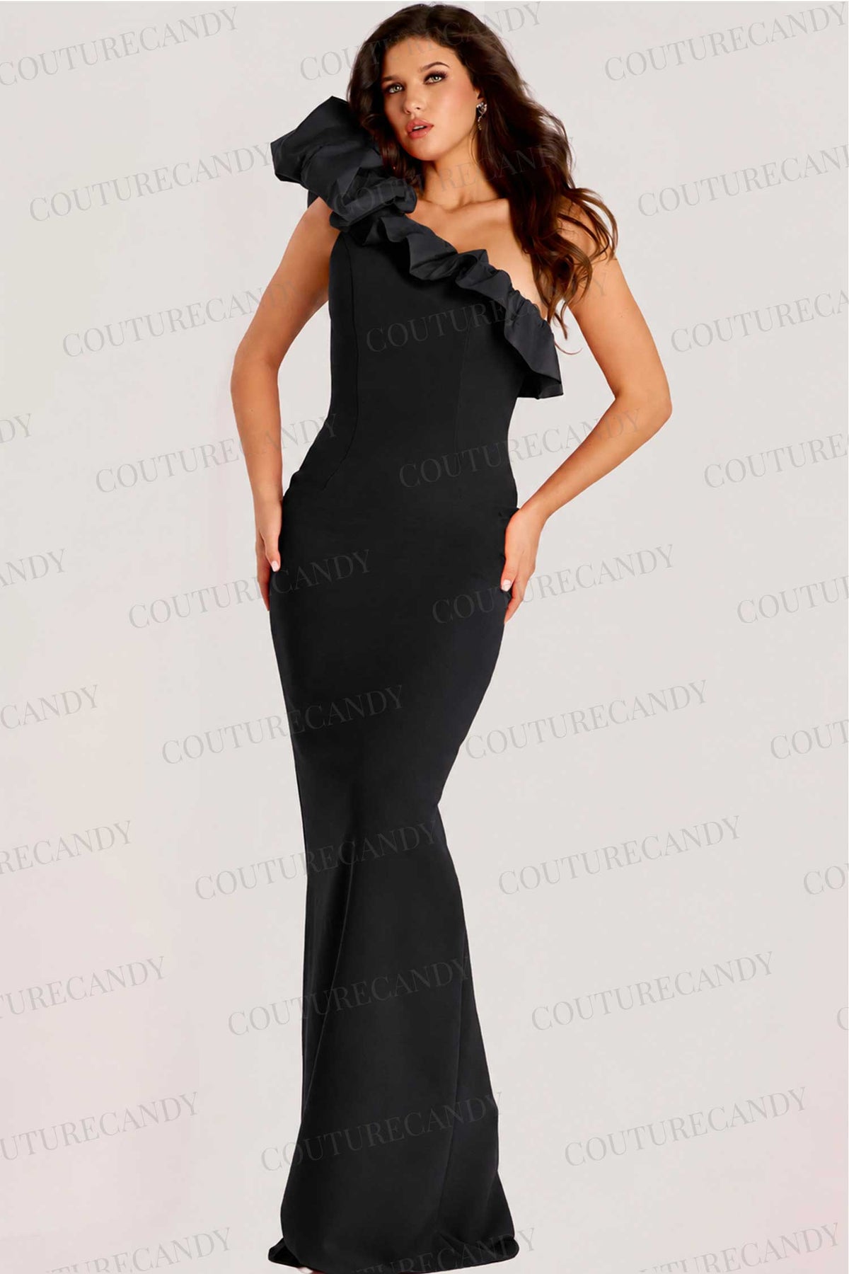 Jovani 44157 - Asymmetrical Ruffle Trim Crepe Evening Gown - Orange - Main