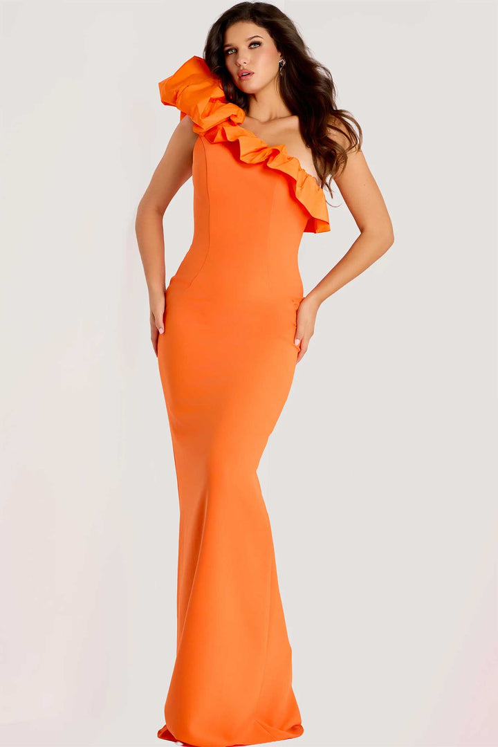 Jovani 44157 - Asymmetrical Ruffle Trim Crepe Evening Gown - Orange - Main