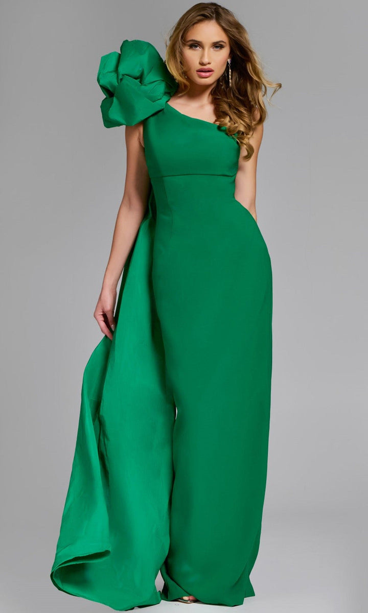 Jovani 44248 - One Shoulder Fitted Gown with Floral Accent - Emerald - Main