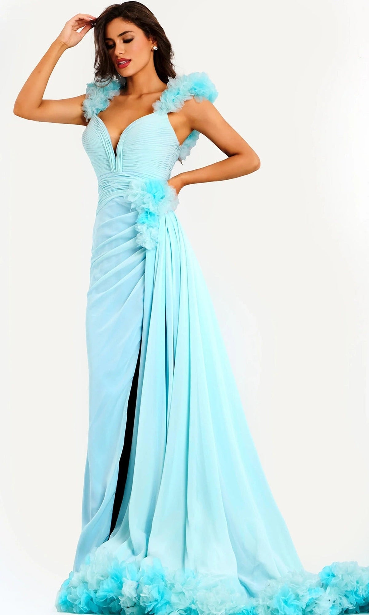 Jovani 44327 - Floral Accent Ruched Sleeveless Evening Gown