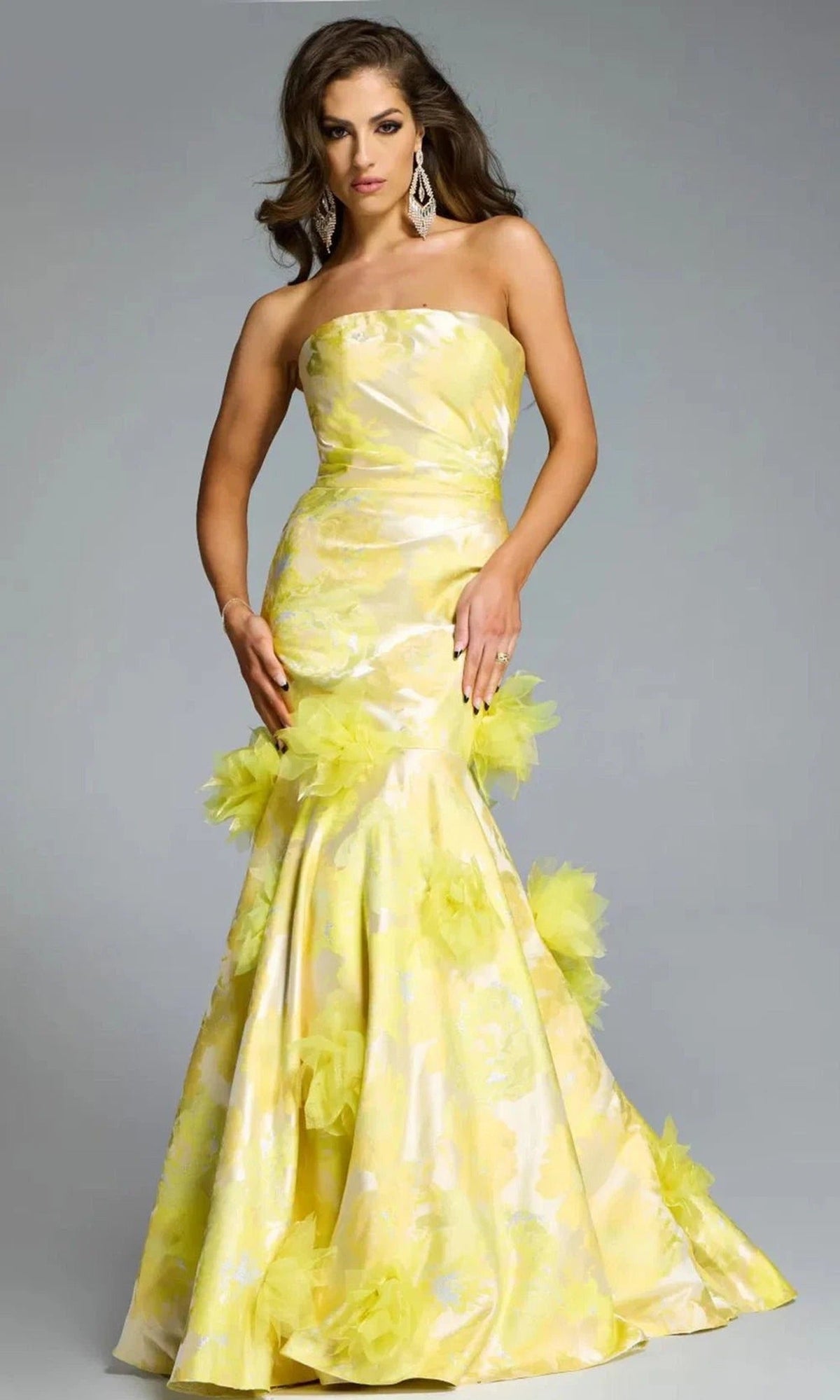 Jovani 44351 - Strapless Mermaid Gown with Floral Appliques - Yellow/Multi - Main