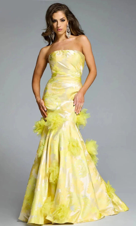 Jovani 44351 - Strapless Mermaid Gown with Floral Appliques - Yellow/Multi - Main