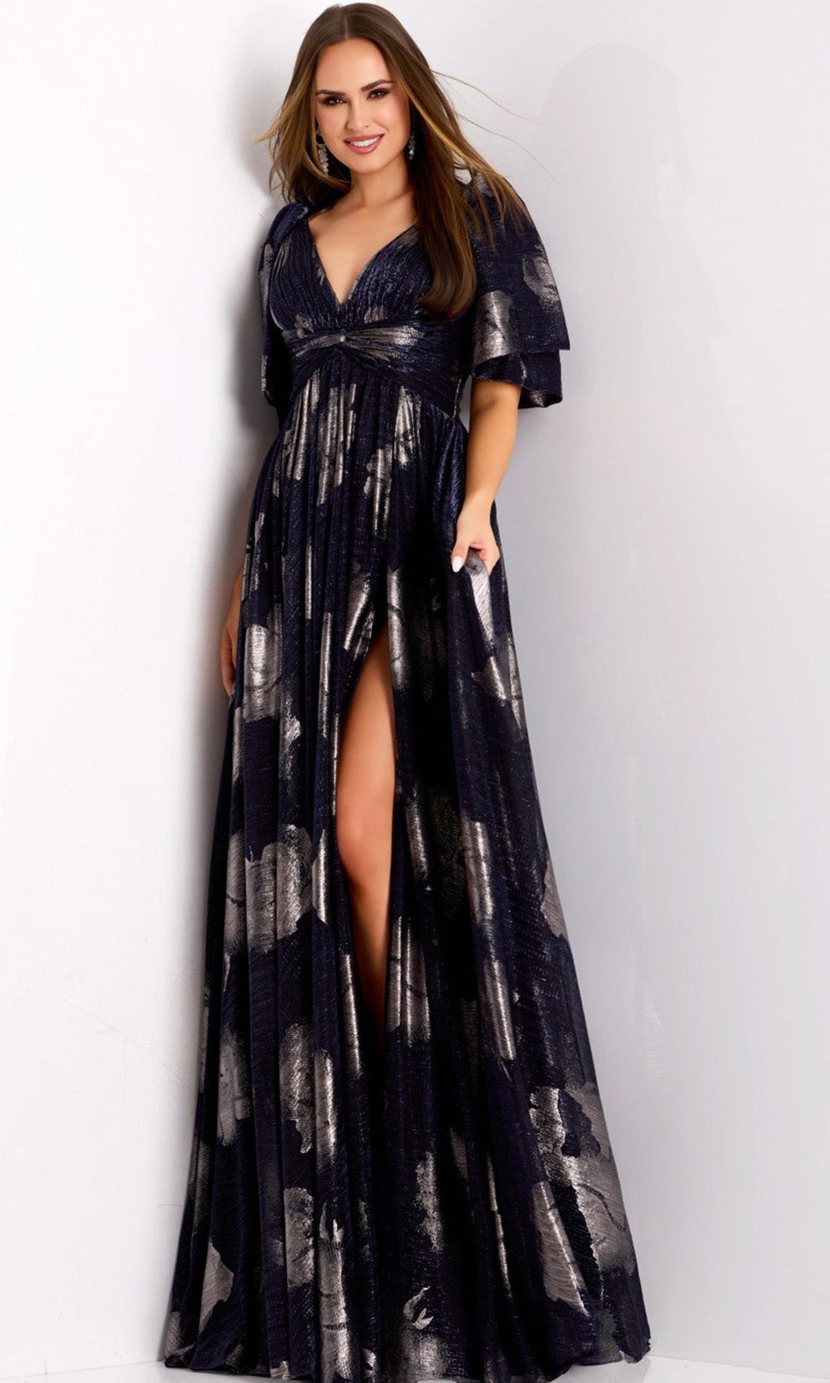 Jovani 44374 - Metallic Jacquard Flutter Sleeve Gown