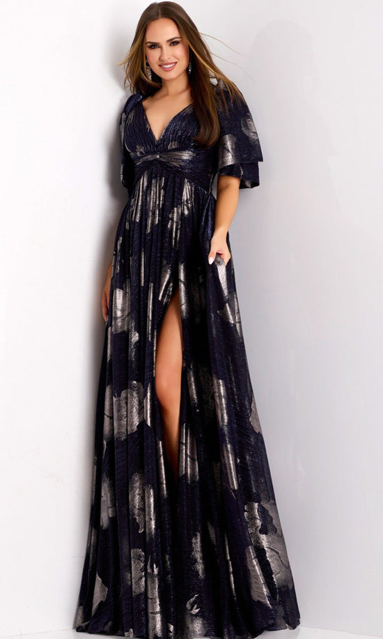 Jovani 44374 - Metallic Jacquard Flutter Sleeve Gown